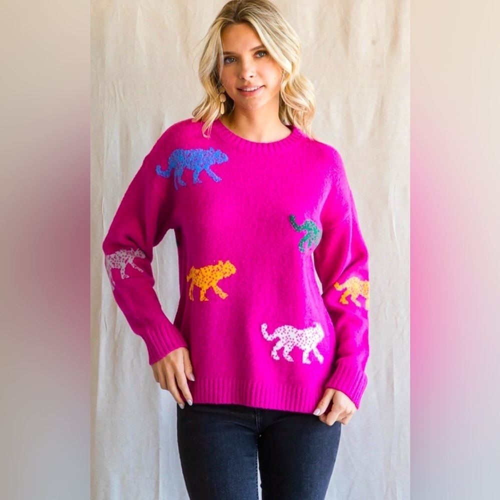 Jodifl‎ Hot Pink Leopard Sweater Medium | Colorful Eclectic Fun Knit